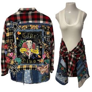 Upcycled Flannel Shirt Shacket Womens XL Betty Boop Grunge Patchwork Folk Art